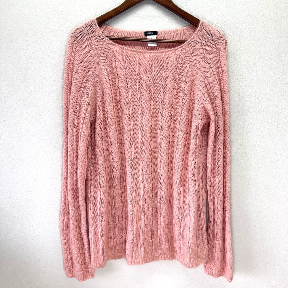 J. Crew Pink Cable Knit Sweater Womens XL Academia Wool Mohair Preppy Cozy Lodge